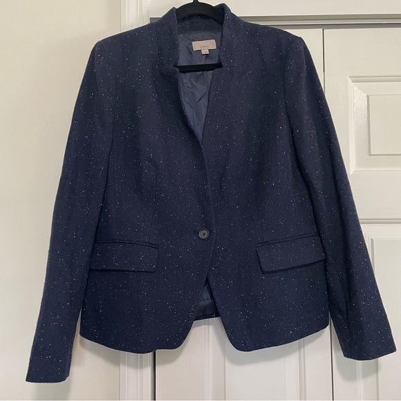 Loft Navy Confetti Wool Blend Single Button Ladies Blazer Size 14 - Picture 1 of 11
